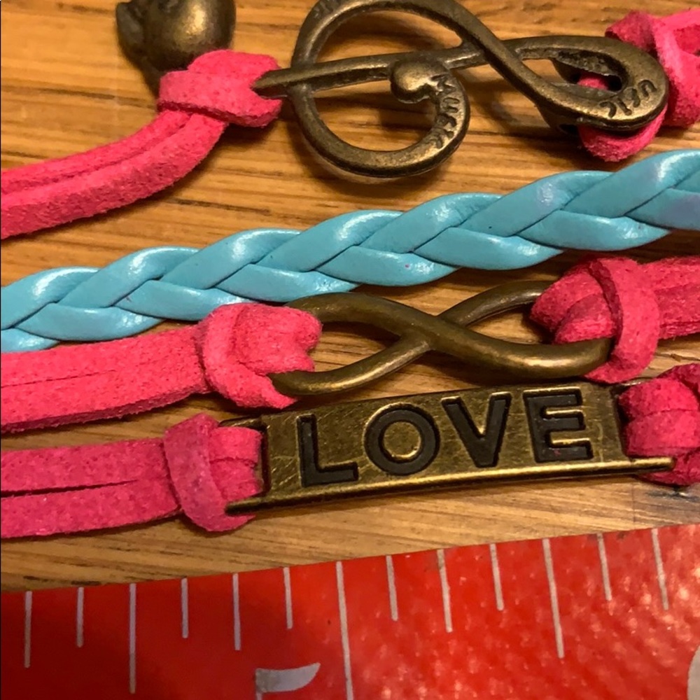 Friendship Bracelet. Pink suede & light blue braid